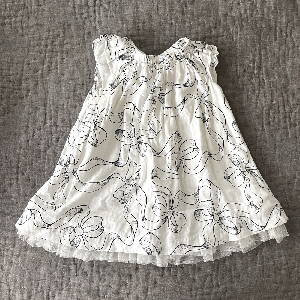 Vintage BABY GAP DRESS BLACK BOWS WHITE cap sleeve tulle ruffle 6-12 months